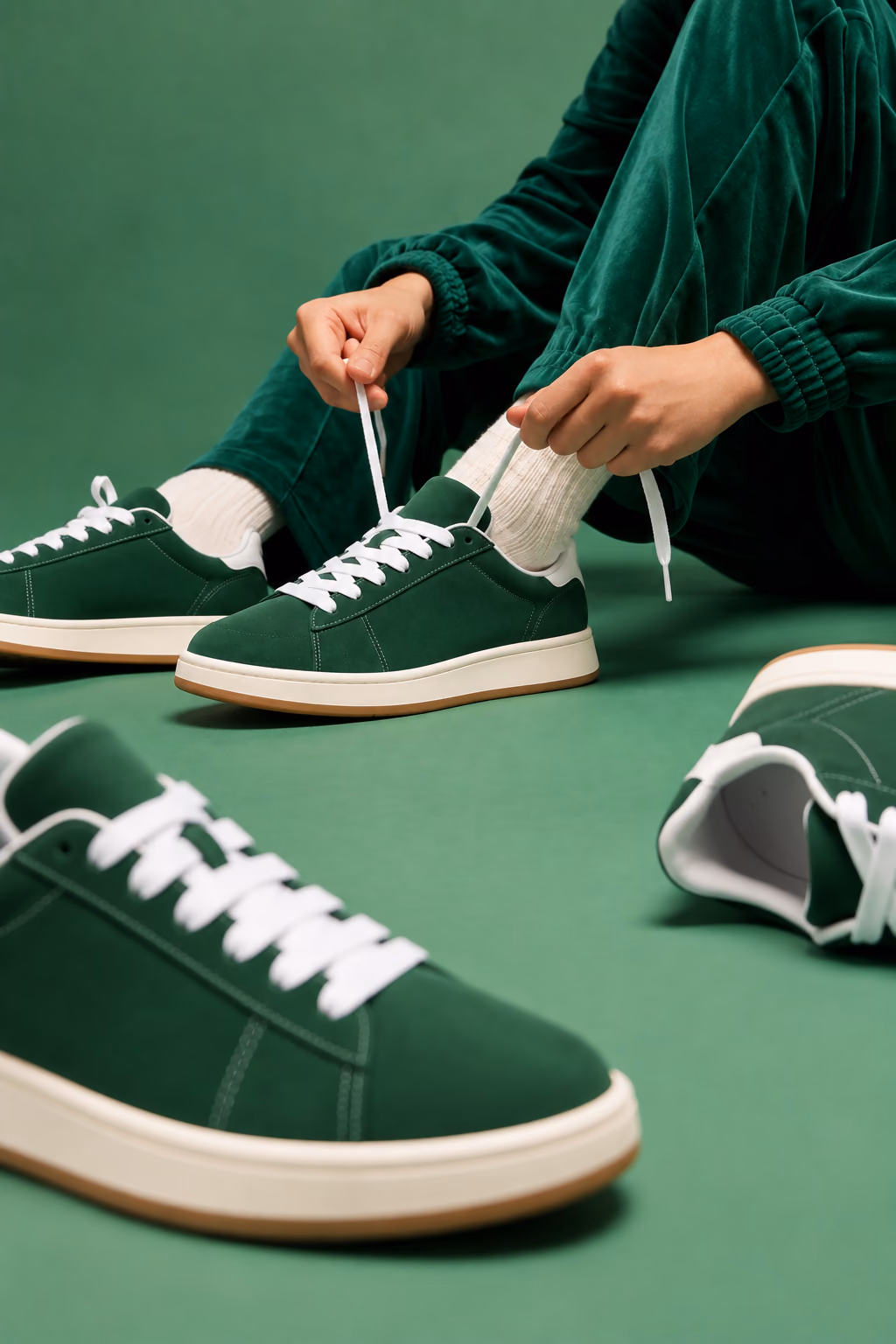 Person lacing up green Sola Stride sneakers on a green floor